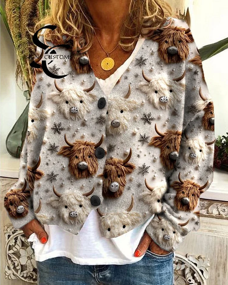 Highland Cattle Print Buttoned Casual Knit Cardigan Sweater