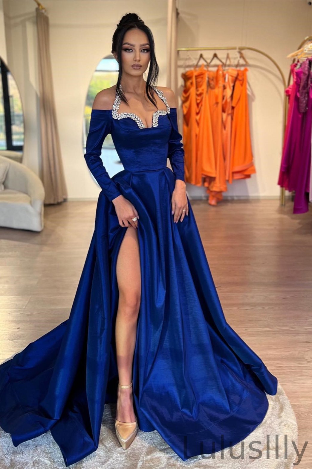 Newest Royal Blue Halter Slit Evening Dresses Long Sleeves With Crystals - lulusllly