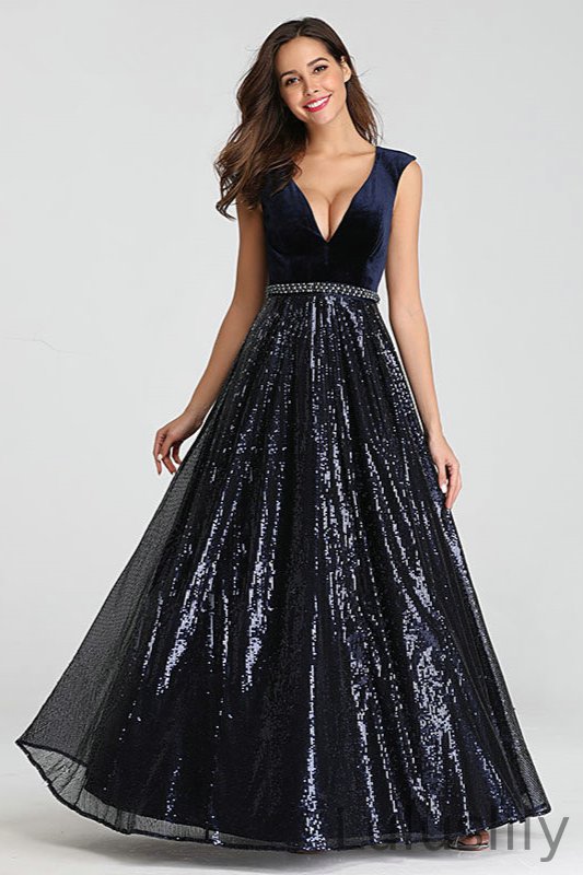 Gorgeous V-Neck Sequins Prom Dress Long Sleeveless Evening Party Gowns - lulusllly