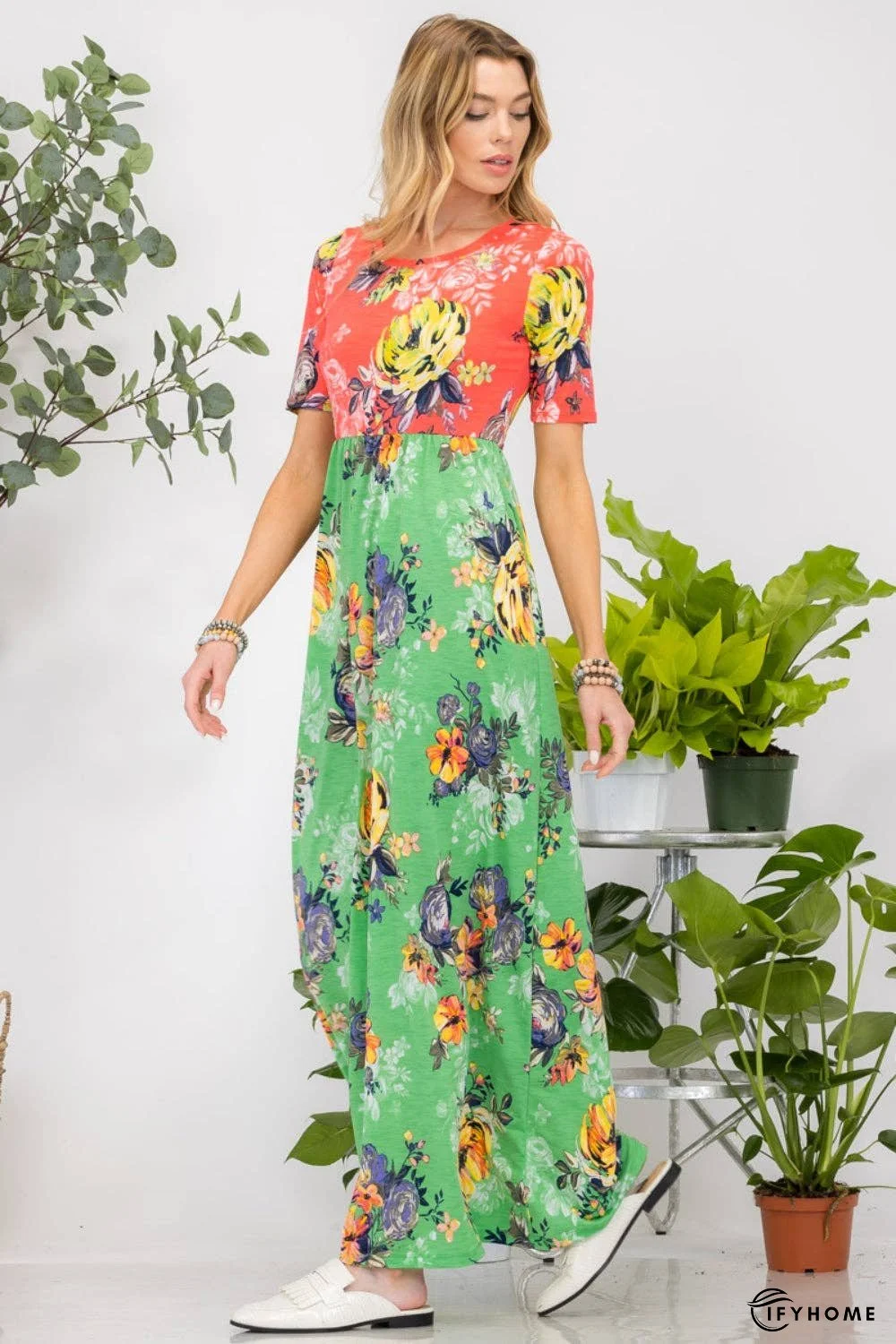 Celeste Full Size Printed Round Neck Short Sleeve Maxi Dress | IFYHOME