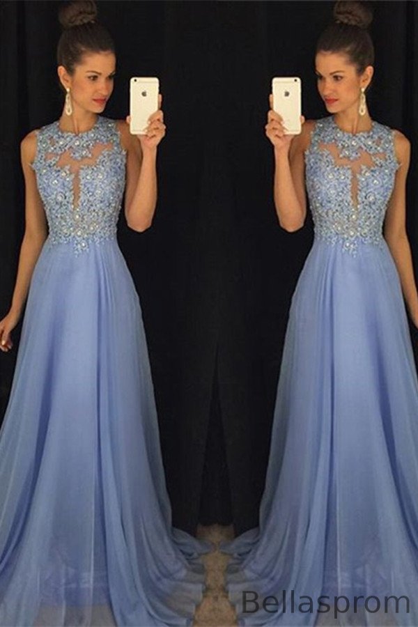Bellasprom Chiffon Long Prom Dress With Lace Appliques Sleeveless Bellasprom