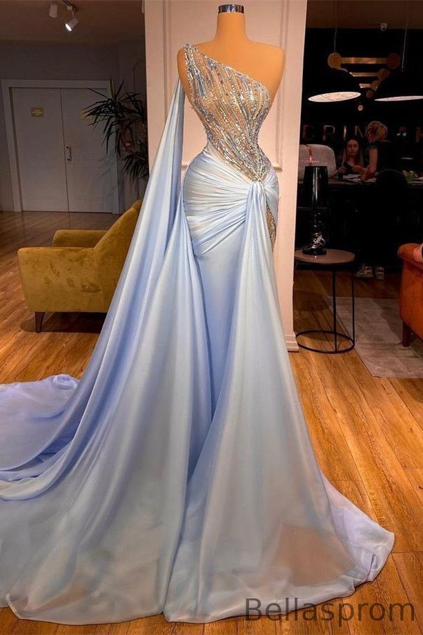 Bellasprom Baby Blue One Shoulder Prom Dresses Mermaid Ruffles Long With Sequins Beads Bellasprom
