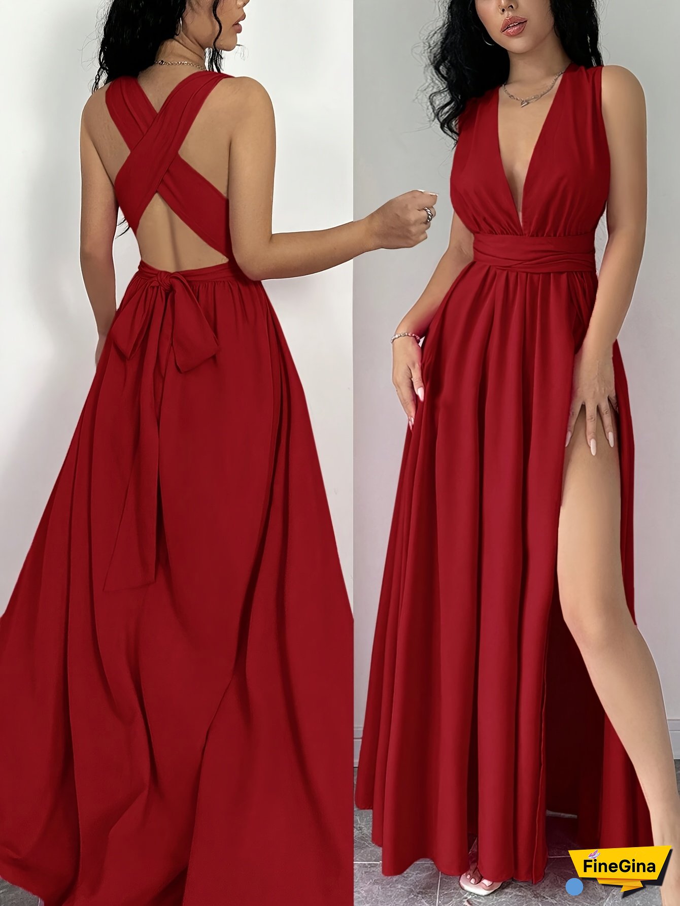 [Elegant Maxi Dress] Elegant Women's Deep V-Neck Sleeveless Maxi Dress | Adjustable Cross Straps and Tie Detail, Solid Color, Flowing Silhouette for Spring/Summer Vacations - Backless Design