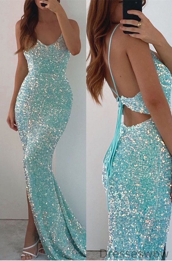 Dresseswow Mint Green Spaghetti-Straps Sequins Prom Dress Mermaid Front Split