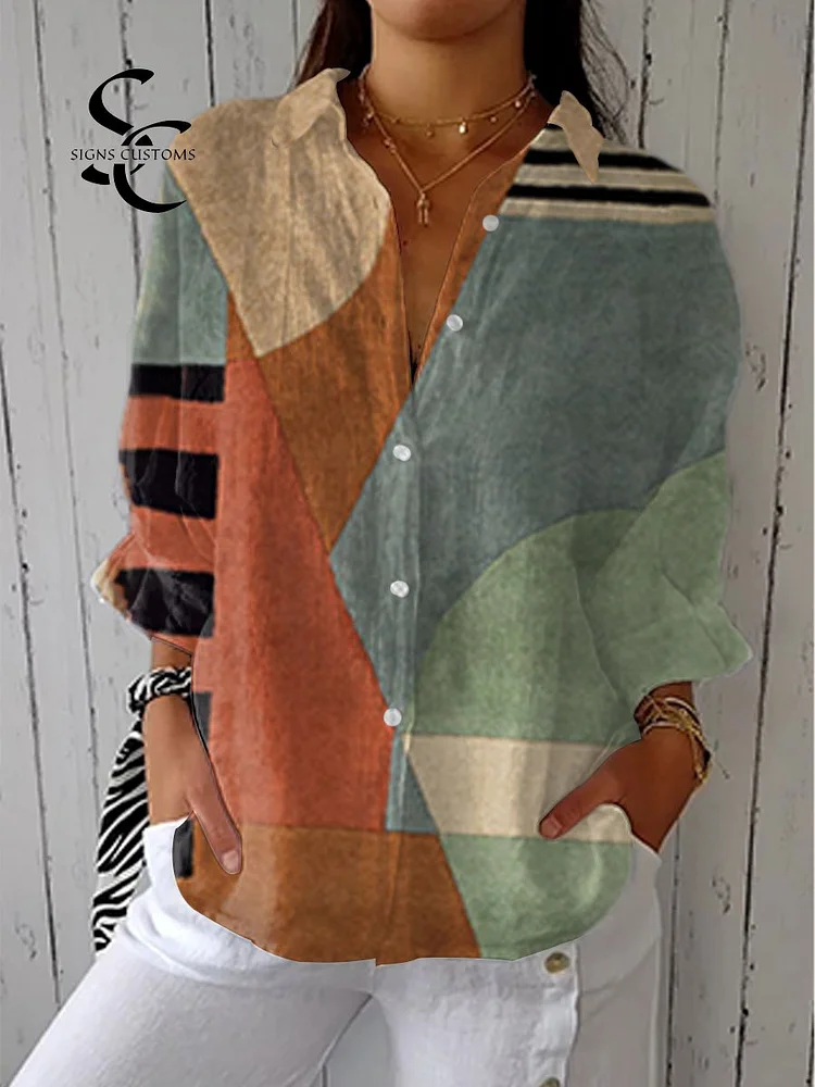 Women's  Vintage Abstract Geometric Art Print  Casual Linen V-neck Shirt
