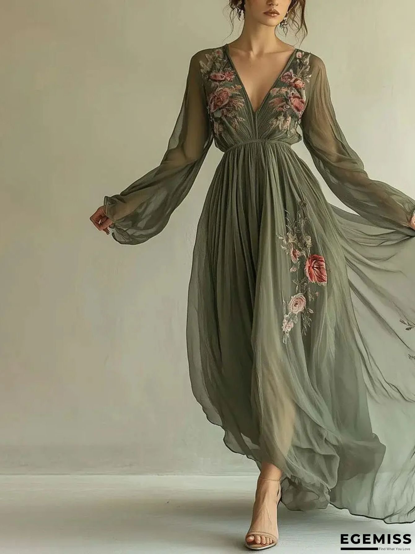 [Elegant Floral Dress] ZOELNIC Women's Elegant Floral Print Long Sleeve Shirt Dress | V-Neck, Polyester Blend, Non-Stretch, All-Season Wear with Ruffle Detail, Lightweight & Breathable for Spring/Summer/Fall | EGEMISS