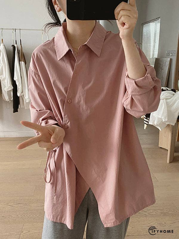 Loose Long Sleeves Frenum Solid Color Lapel Blouses | IFYHOME