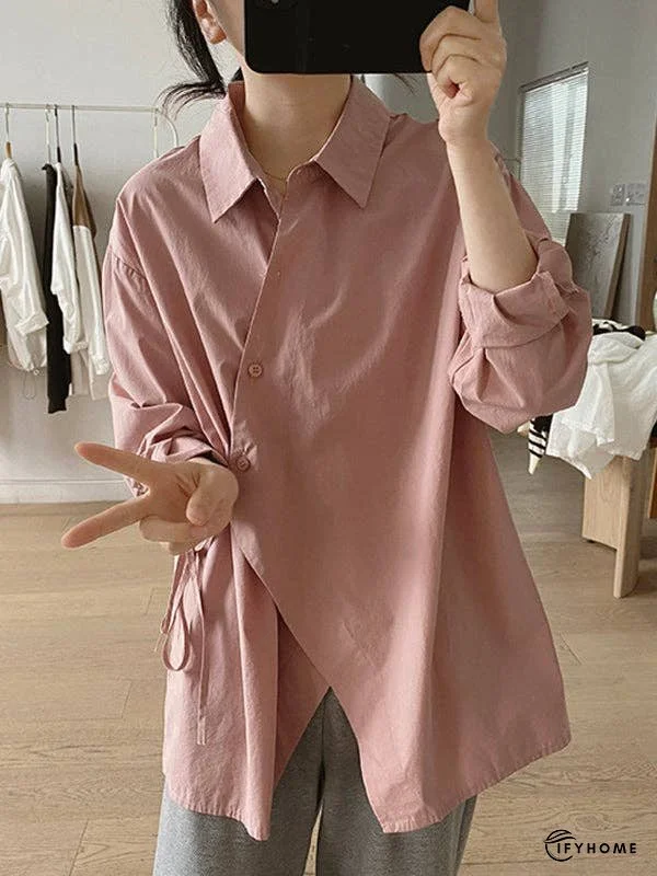 Loose Long Sleeves Frenum Solid Color Lapel Blouses | IFYHOME