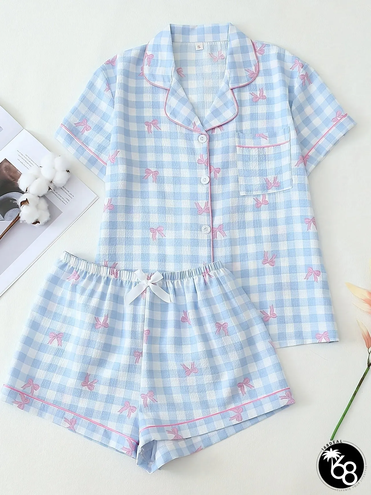 Summer Womens pajama set short sleeve shorts with bow print sweet plaid design button-up | 168DEAL