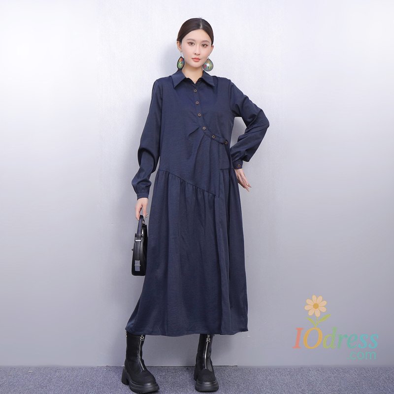 IO Dress 2025 Autumn New Elegant Fashion Turn-Down Collar Women Loose Long Dresses Female Long Sleeve Dress J2014