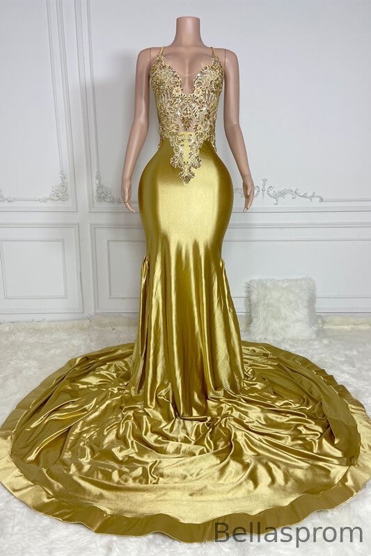 Bellasprom Gold Spaghetti-Straps Sleeveless Mermaid Prom Dress With Beadings Bellasprom