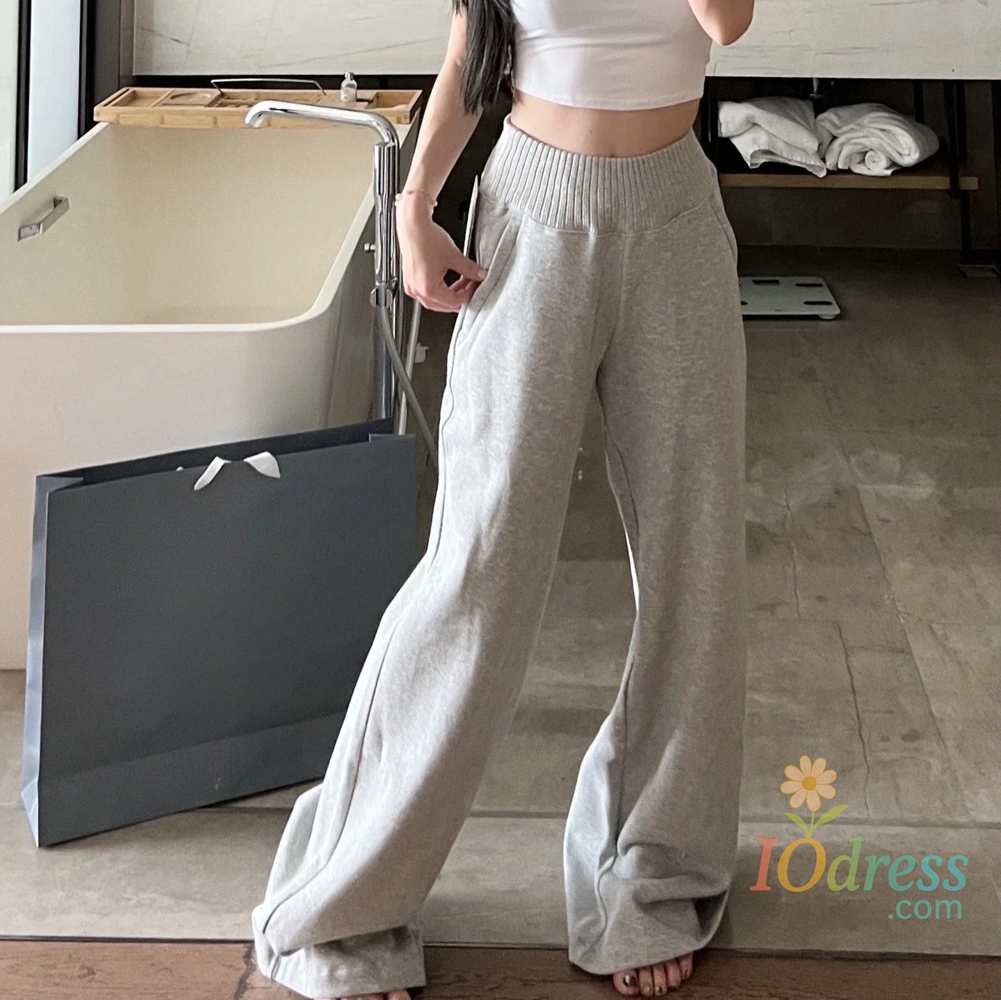 IO Dress Women High Waist Knit Patchwork Fleece Lined Wide Leg Stacking Pants Elegant Slim Fit Winter Trousers Old Money Style Warm