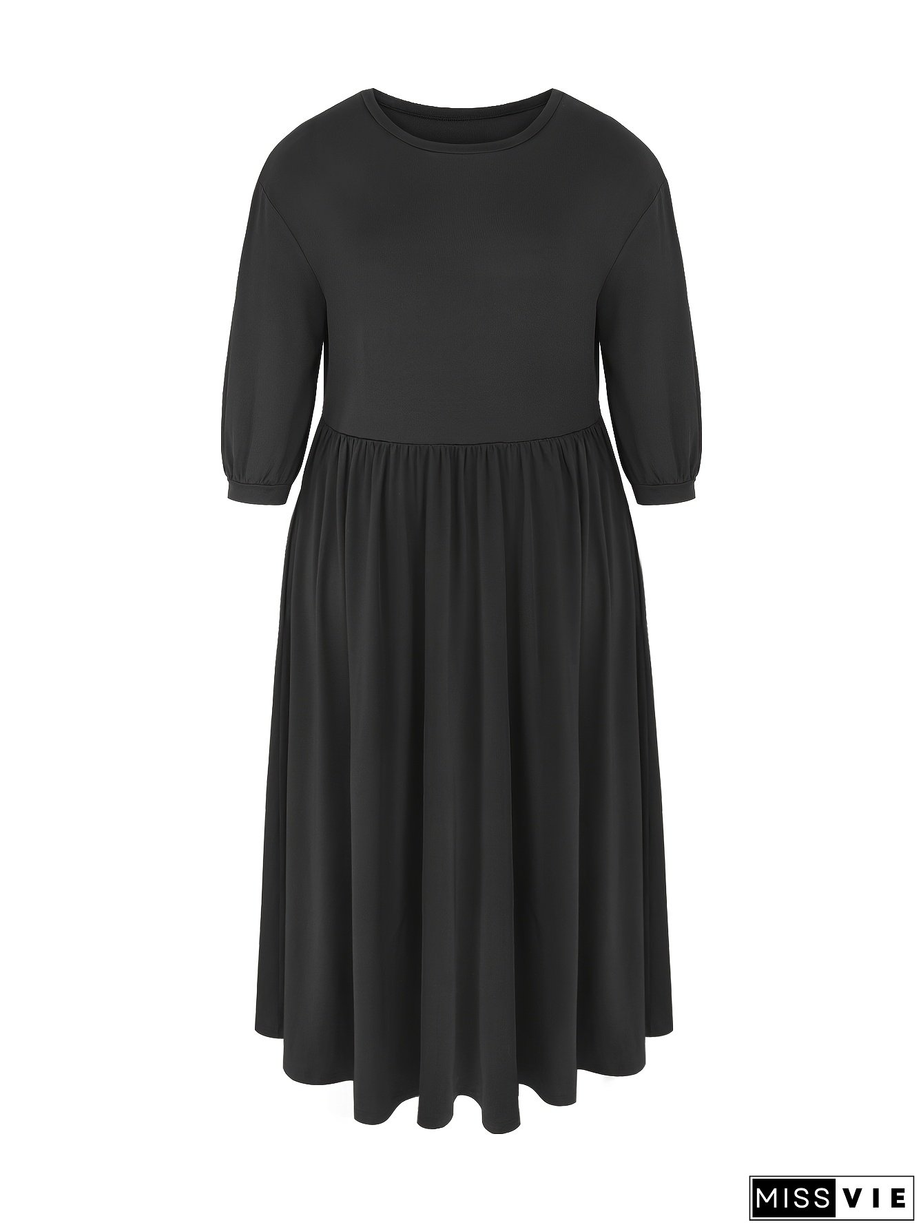 Plus Size Women's Long Sleeve Dress - Solid Black Casual & Office Wear, H-Line Silhouette With Pleated Hem, Breathable Fabric, Machine Washable For Spring Summer Fall, Long Sleeve Maxi Dress, Straight Sleeve Design