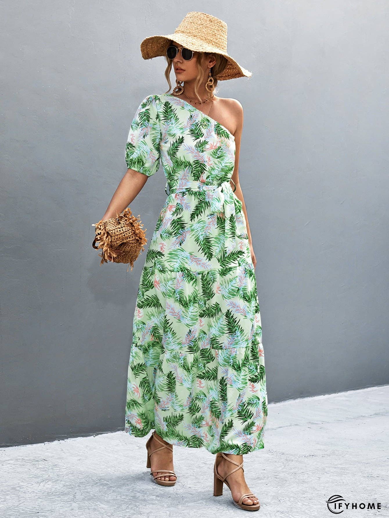 Printed Tie Waist One Shoulder Maxi Dress | IFYHOME