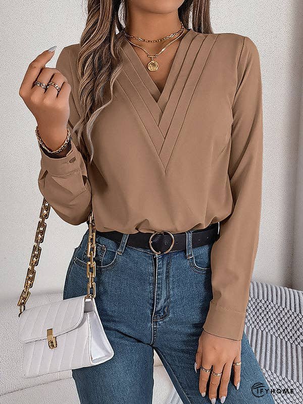 Long Sleeves Loose Pleated Solid Color Split-Joint V-Neck T-Shirts Tops | IFYHOME