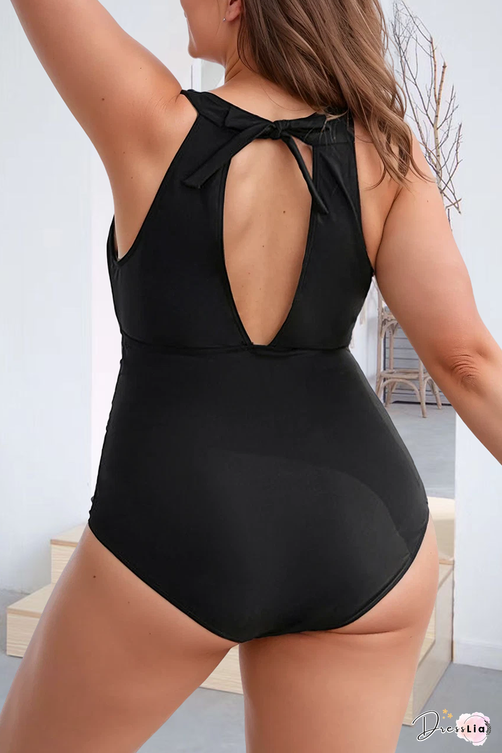 Halter Mesh Insert Knotted Back One Piece Plus Size Swimsuit