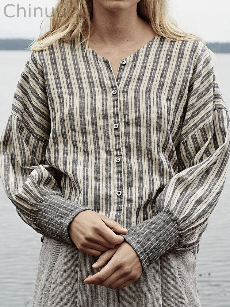 Women's Vintage Stripe Linen Blend Long Sleeve Shirt