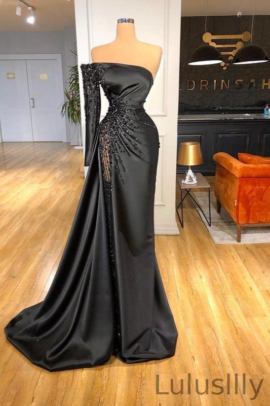 Stunning Black Long Sleeves One Shoulder Mermaid Prom Dress - lulusllly