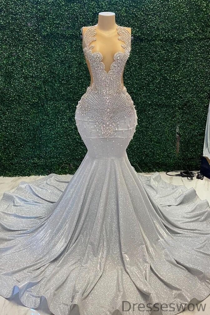 Dresseswow Silver Scoop Sleeveless Mermaid Evening Gowns With Beadings