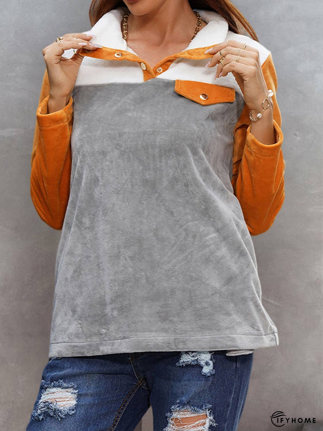 Color Block Collared Sweatshirt with Pockets | IFYHOME