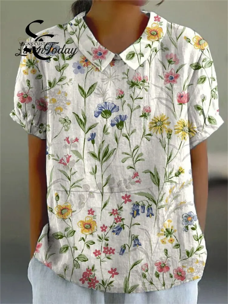 Women's Retro Floral Art Print Casual Cotton And Linen Shirt