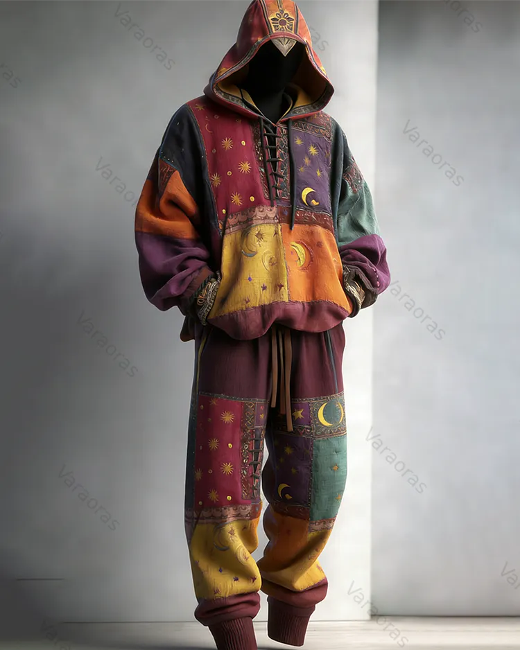 Men's Viking Star and Moon Embroidered Patchwork Cotton-Linen Hooded Sweatshirt and Pants Two-Piece Set 1440