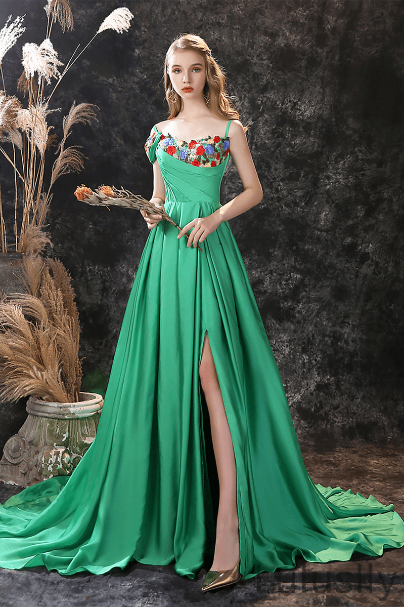 Luluslly Green Off-the-Shoulder Long Evening Dress Split With Flower Embrodiary