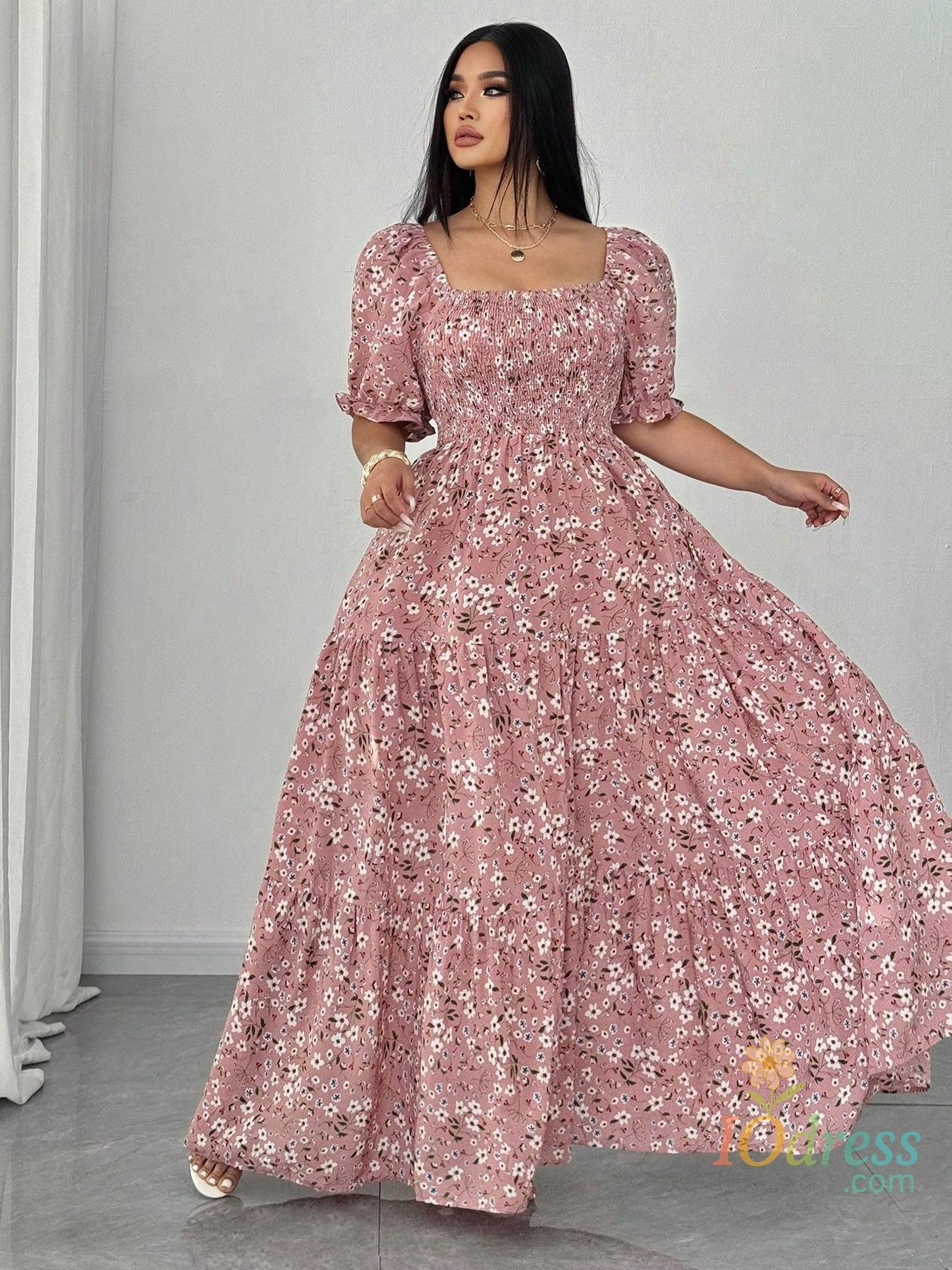 IO Dress Plus Size Floral Casual Dress for Women, Fitted Woven Fabric, Comfortable for Spring & Fall, Fashion IO Dress