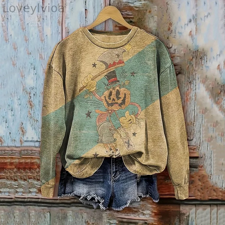 Retro Pumpkin Man Print Casual Sweatshirt