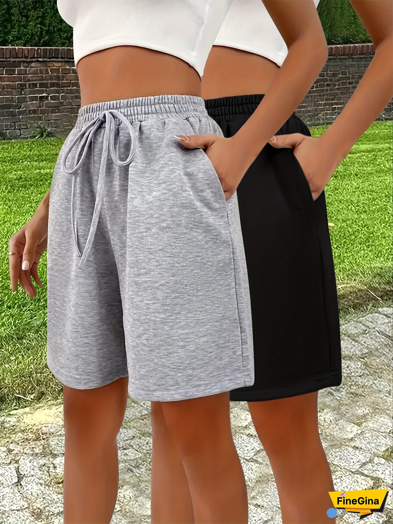 Women's Pure Color Waist Knot Casual Five-Point Pants Set, casual and comfortable for daily wear, suitable for all seasons, loose and breathable in summer