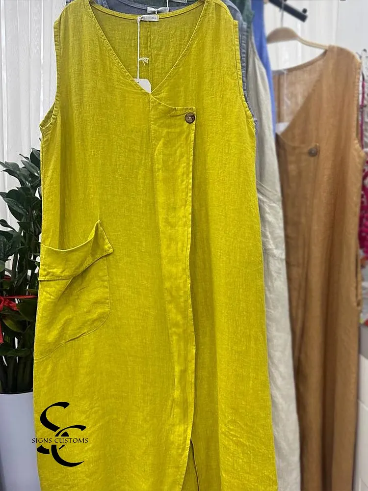 Women's Solid V-neck Sleeveless Vest Casual Linen Dress