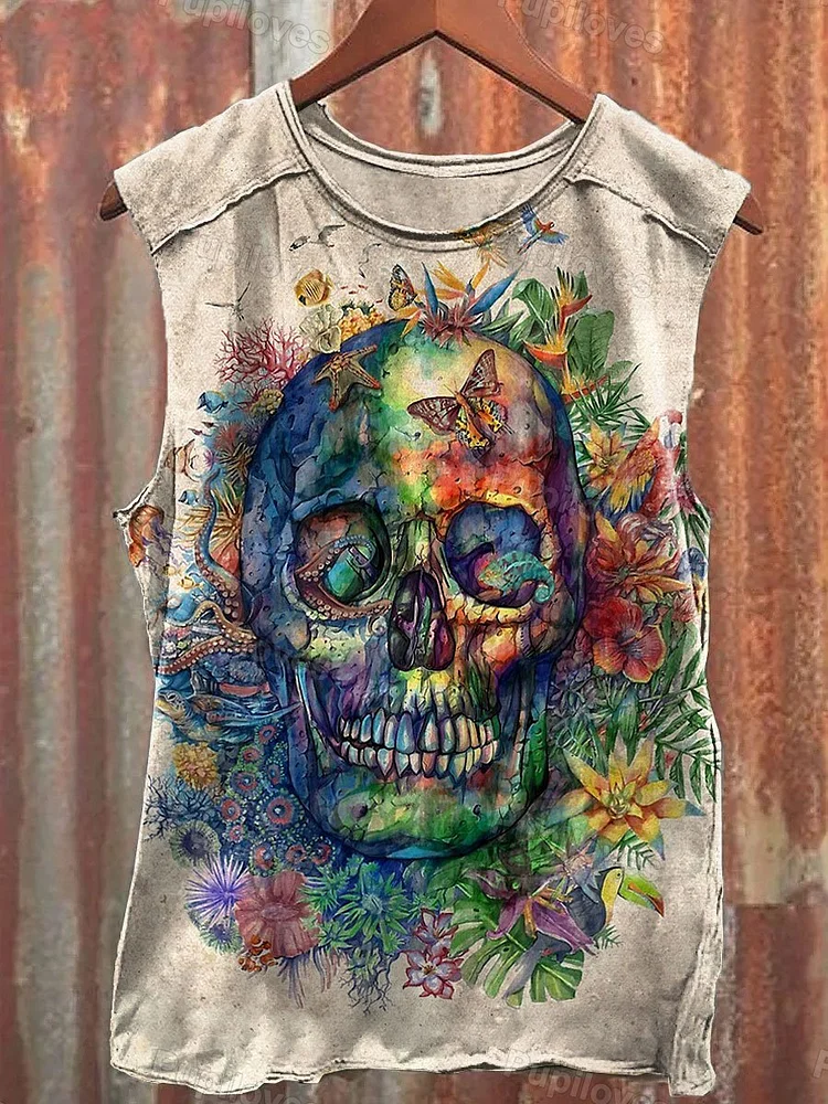 Pupiloves Pupiloves Vintage Skull Ghost Flower Art Print Casual Tank Top