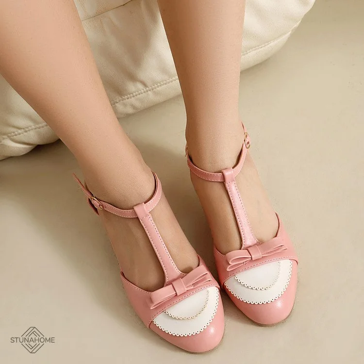 Women's Vintage T-Strap Heels with Bow and Block Mid Heel Design  Stunahome.com