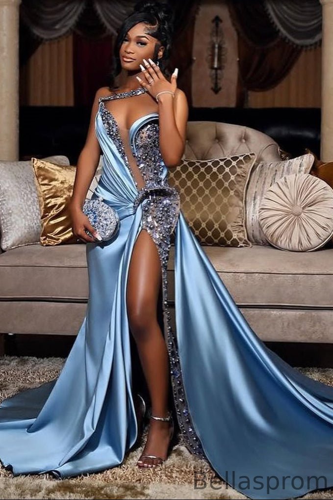 Bellasprom Dusty Blue One Shoulder Slit Prom Dress Long With Beads Bellasprom