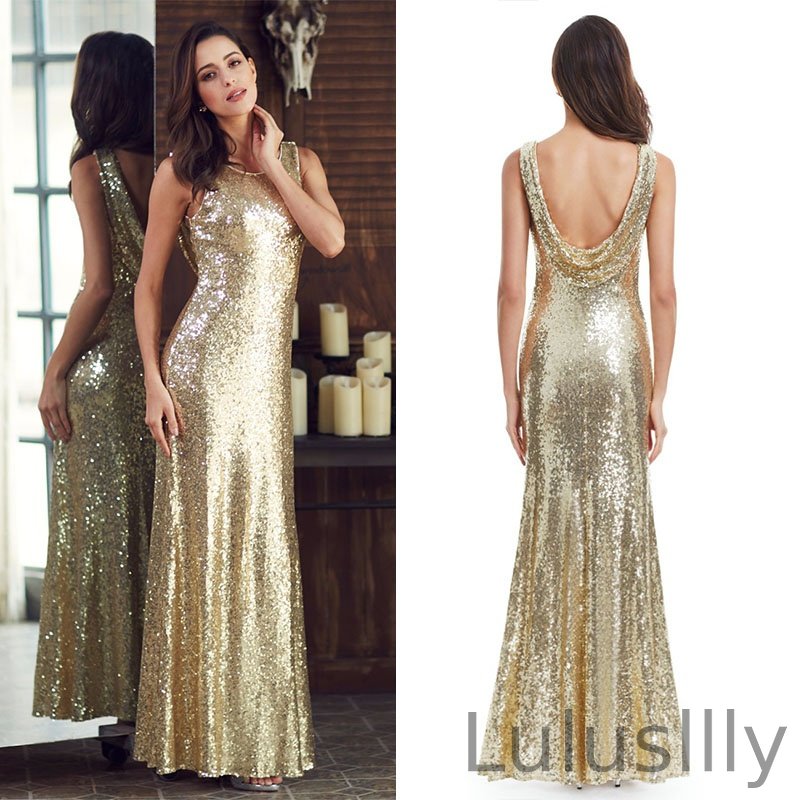 Gorgeous Gold Sequins Prom Dress Mermaid Drop Back Evening Gowns - lulusllly