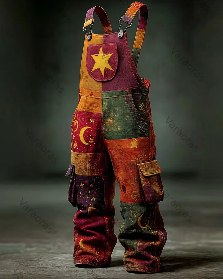 Men's Summer Star and Moon Embroidered Color-Blocked Overalls 4747
