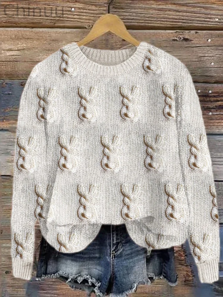 Lovely Bunny Back View Crochet Jacquard Cozy Sweater