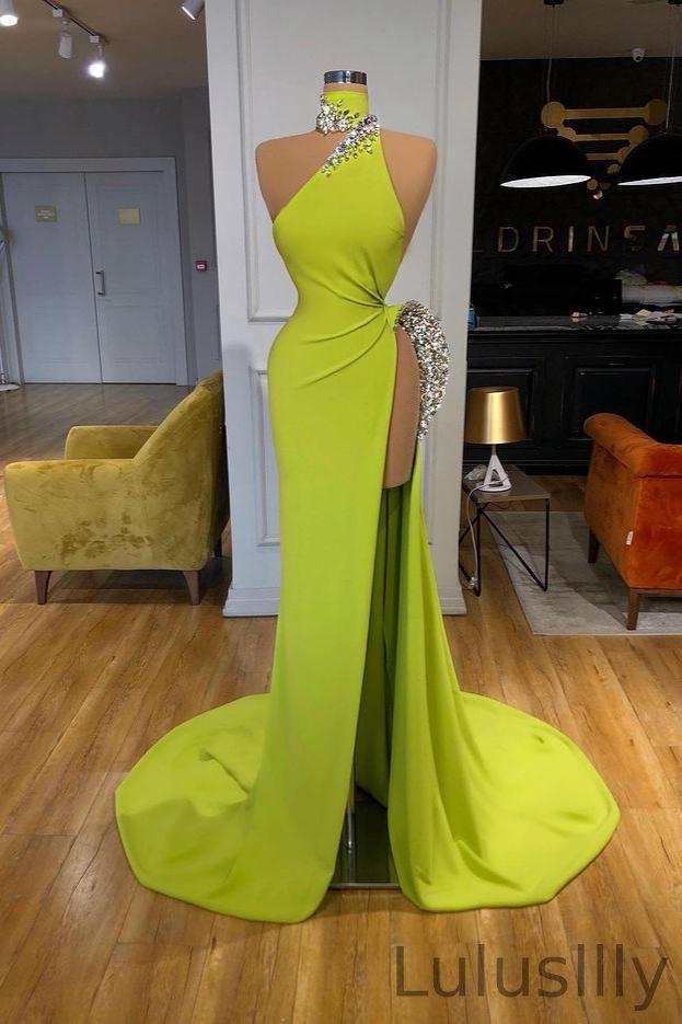 High Neck Mermaid Long Prom Dress With Slit - lulusllly