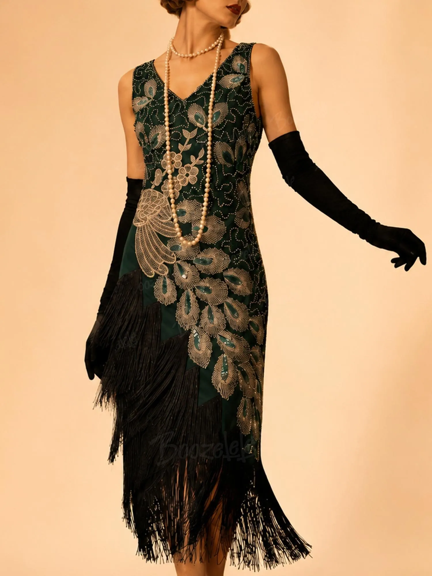 Vintage Gatsby Party Dark Green Peacock Sequin Mesh Fringe Mid-Length Dress