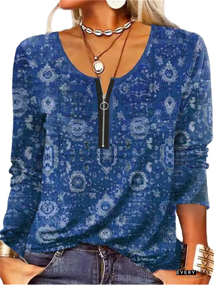 Womens Long Sleeve Zipper Ethnic Fashion T-Shirts Geometric Print Home Casual Neck