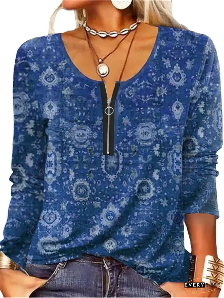 Womens Long Sleeve Zipper Ethnic Fashion T-Shirts Geometric Print Home Casual Neck