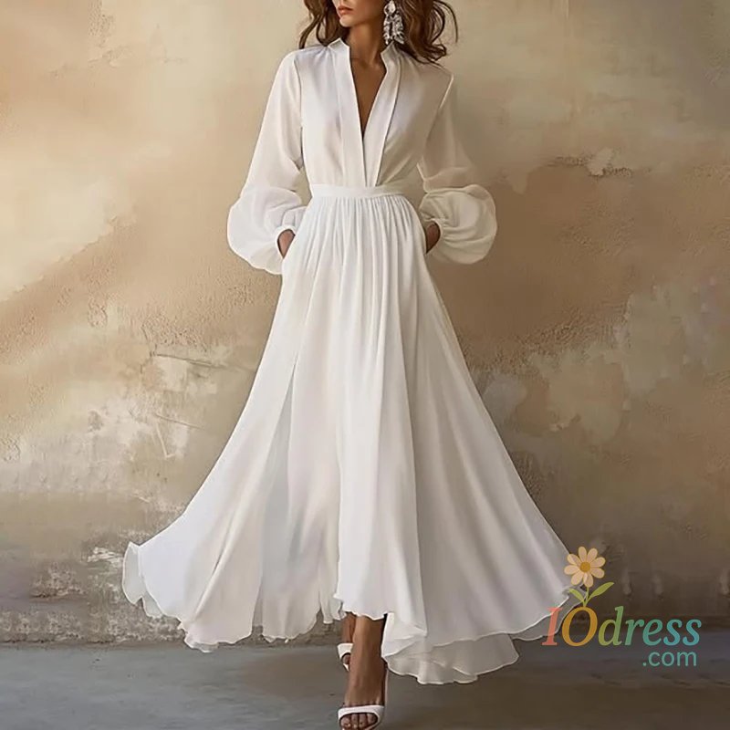 IO Dress White Sexy Deep V Long sleeve Party Dress Vintage Women Casual A-Line Long Dress Dress Vestidos Bohemian Dresses Woman Clothing IO Dress