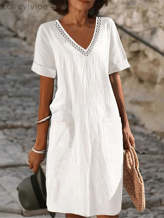 Women's Solid Color V-Neck Lace Splicing Double Pocket Casual Dress