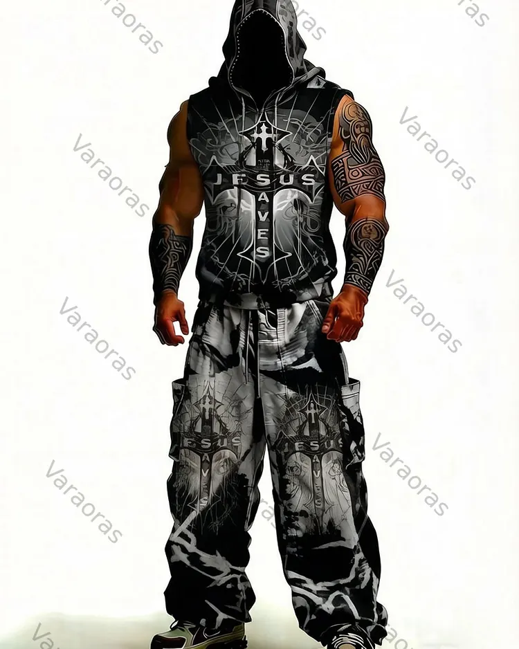 Men's Fashion Cross Embroidered Hooded Sleeveless Top and Pants Two-Piece Set1371