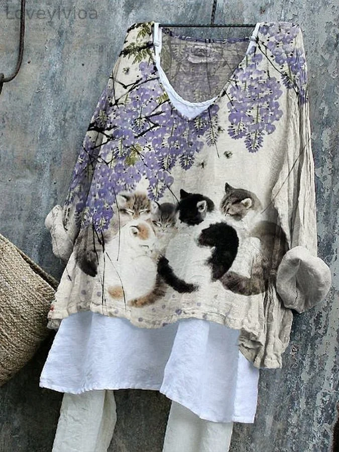 Women's Cat Under Flower Tree Print Cotton And Linen Dress