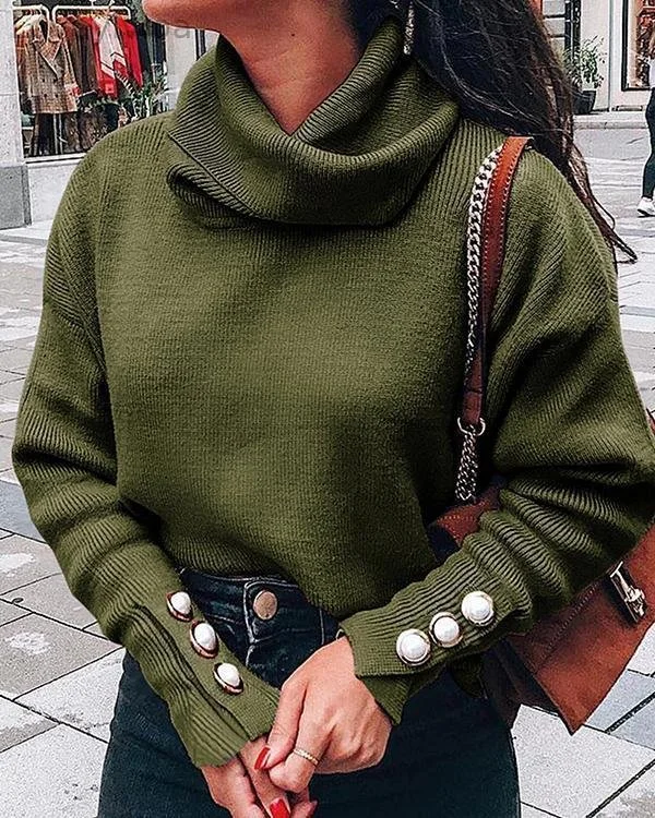 Casual Plain Turtleneck Knitted Long Sleeve Sweater