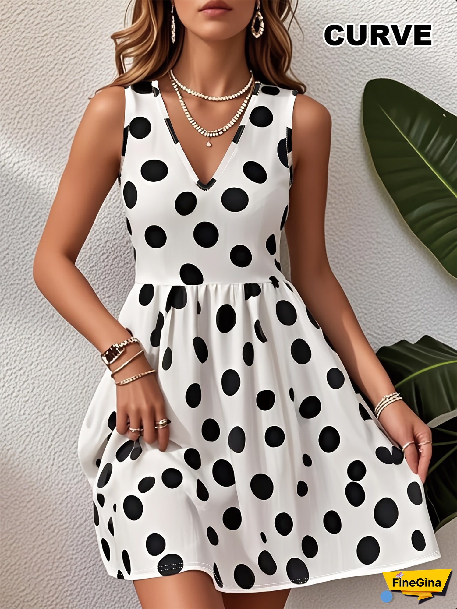[Plus Size Polka Dot Dress] Plus Size V-Neck Sleeveless Polka Dot Dress - Elastic Waist, Flared Skirt, Machine Washable, Black & White, Casual Summer, Comfortable Fit