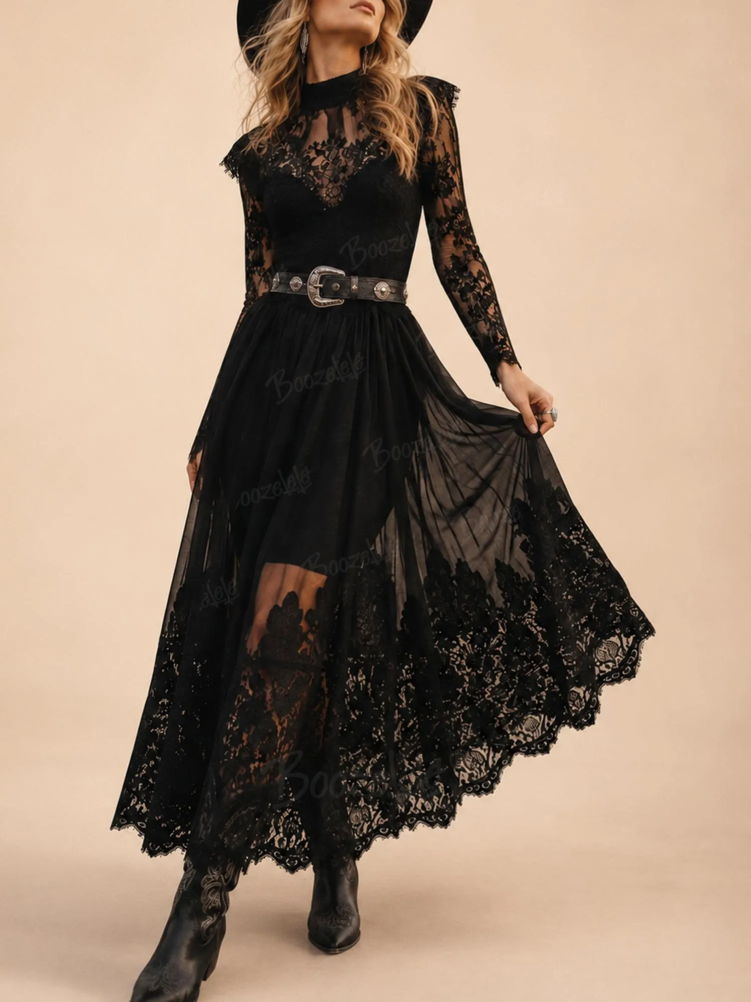 Perfect for a Western Country Wedding & Evening Party &mdash; Women's Black High-Neck Sheer Lace Long-Sleeve Chiffon Maxi Dress