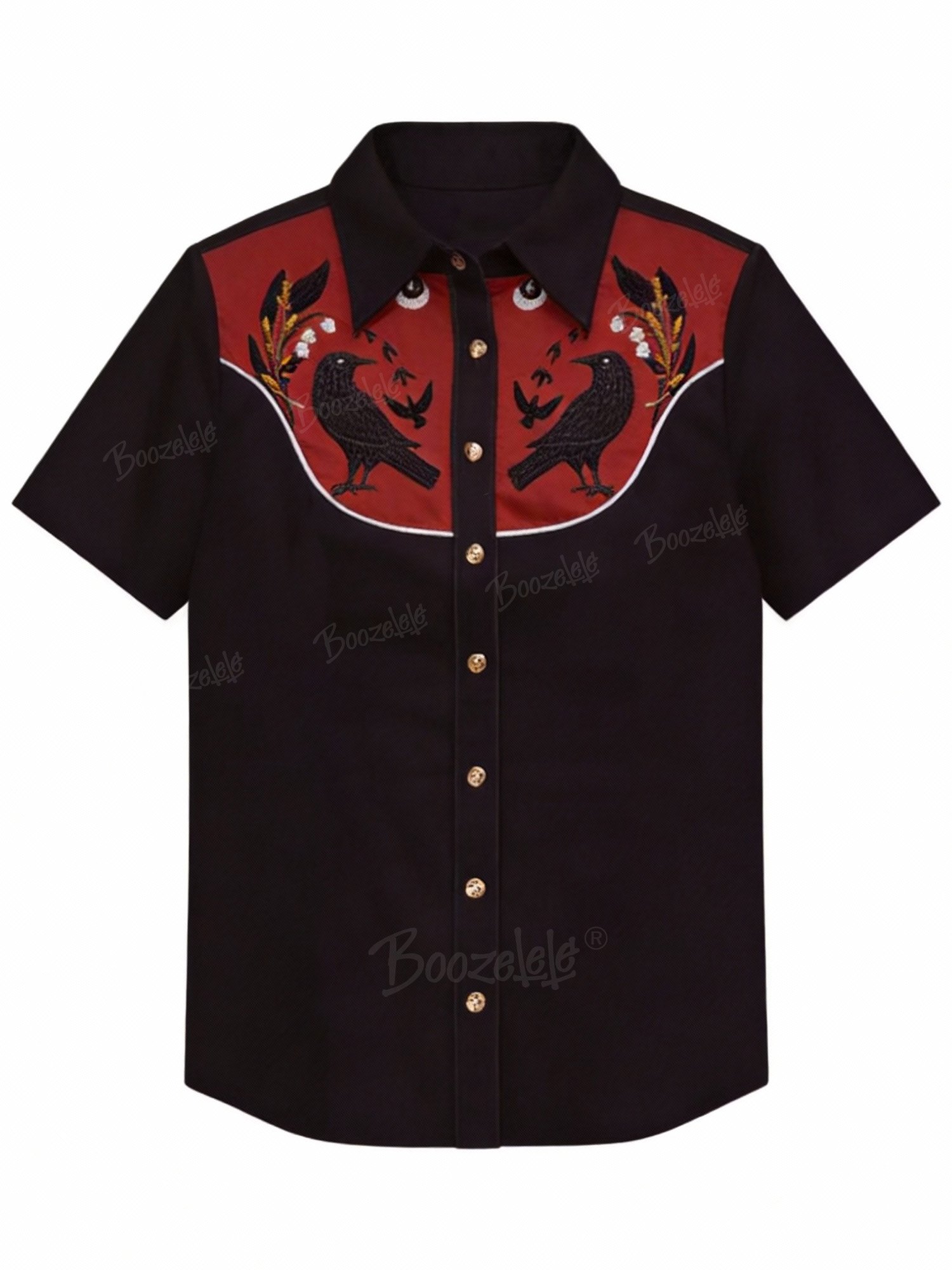 Western-Style Crow Print Short-Sleeved Shirt &ndash; 100% Cotton Shirt