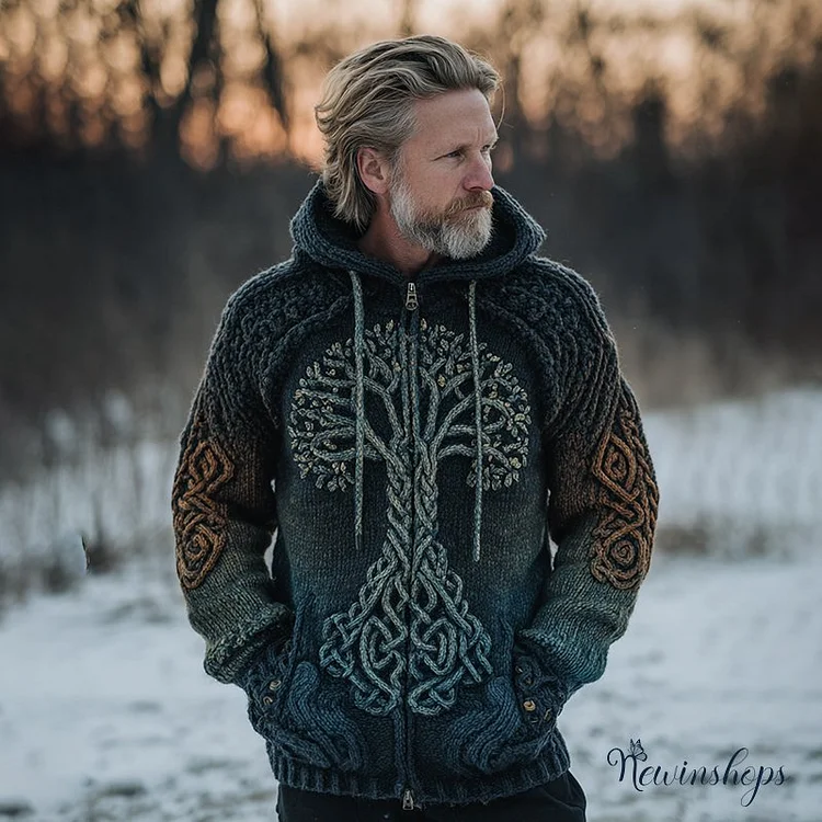 Men's Vintage Viking Tree Of Life Celtic Knot Art Chunky Knit Hooded Zip-up Sweater